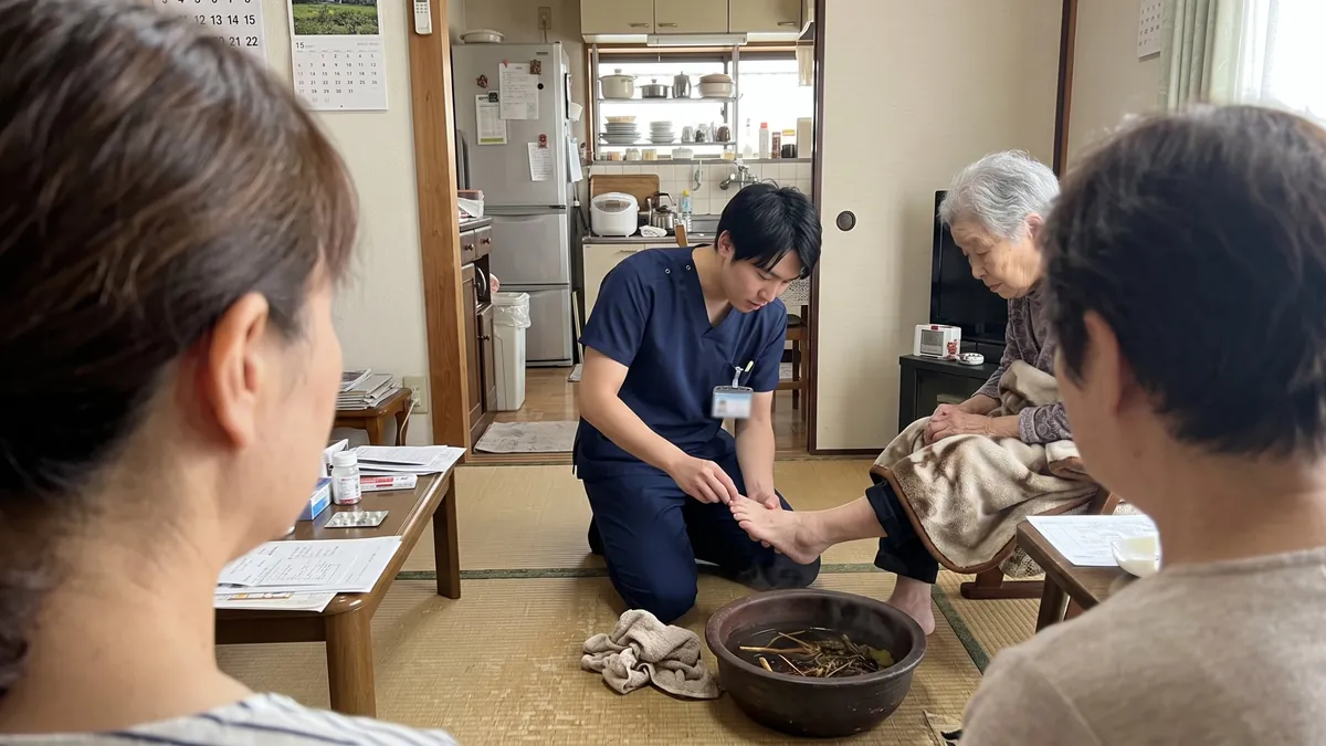Caregiver preparing a warm herbal foot soak for an older woman at home