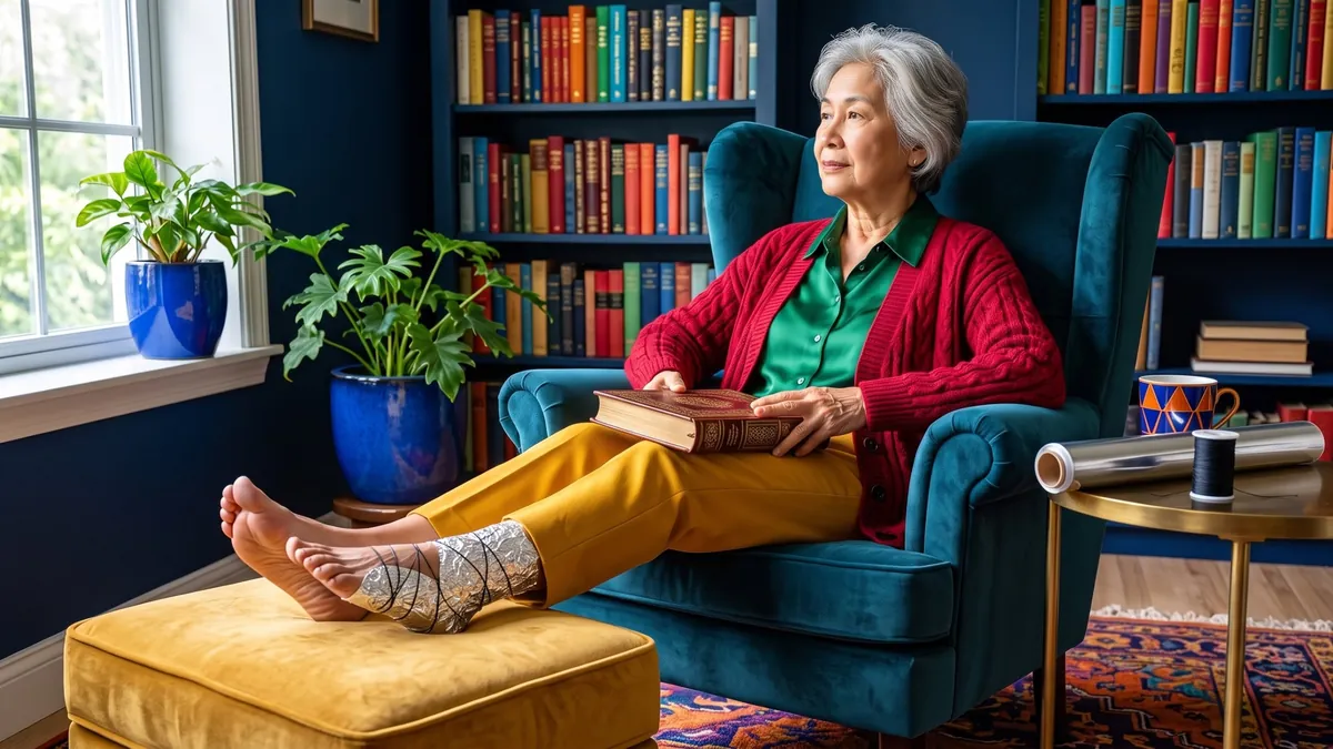 Older woman resting her feet on an ottoman at home