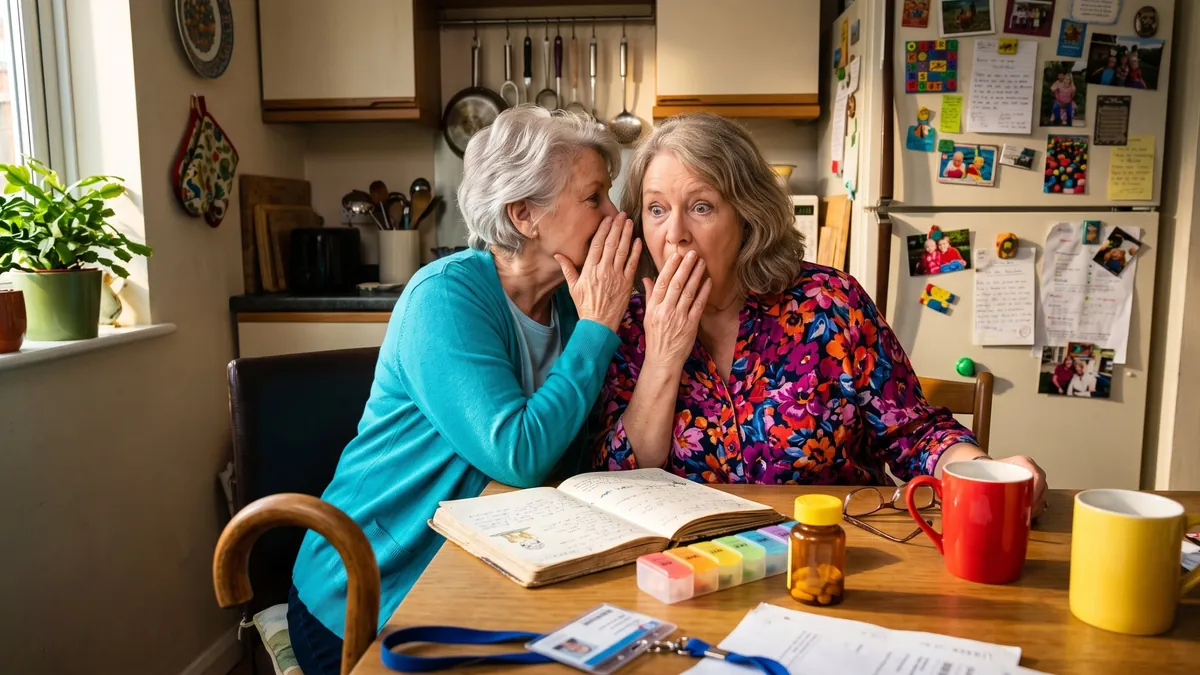 Two older women sharing a tip at the kitchen table